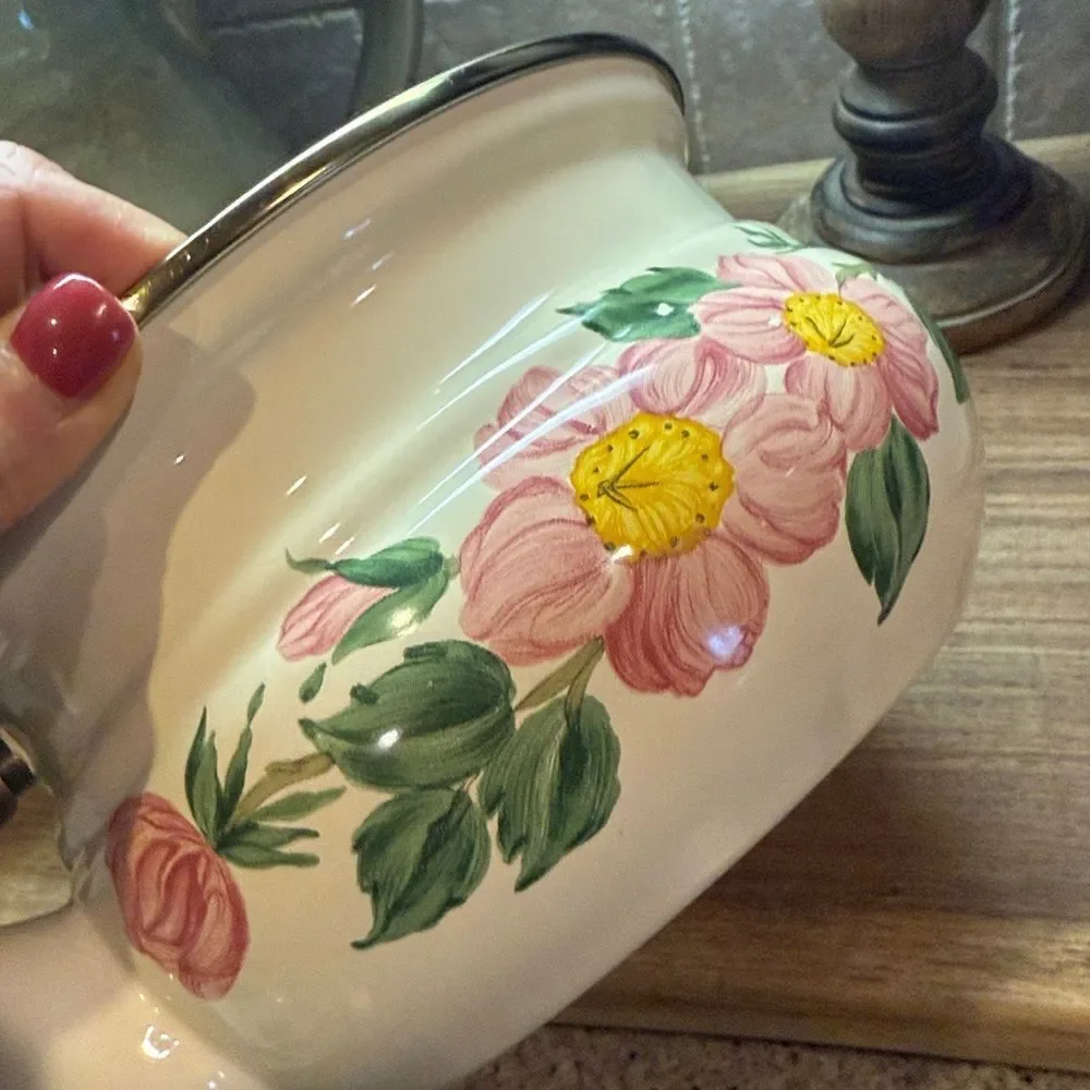 Franciscan Pink Floral Enamel Teapot with Wooden Handle